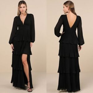 Lulus Graceful Finesse Black Pleated Long Sleeve Maxi Dress Wedding Party Formal
